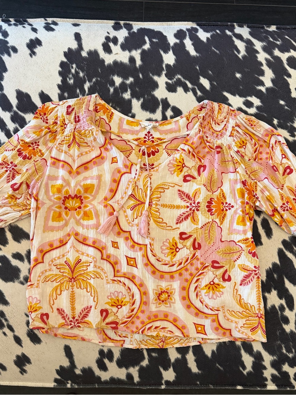 Nicole Miller Pink & Yellow Floral Peasant Blouse
